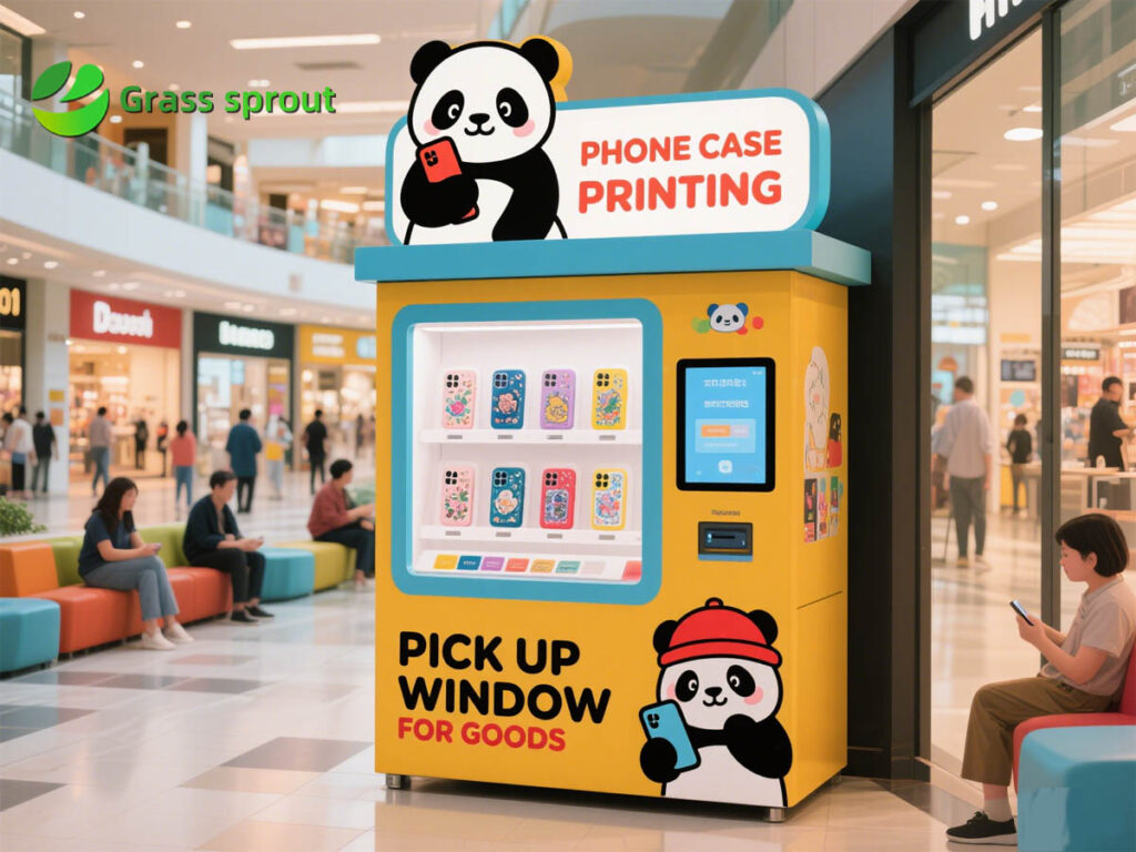 Self-service phone case printing vending machine in a shopping center