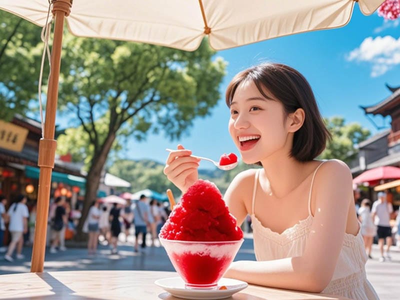 A tourist is eating snowflake ice A tourist is eating snowflake ice