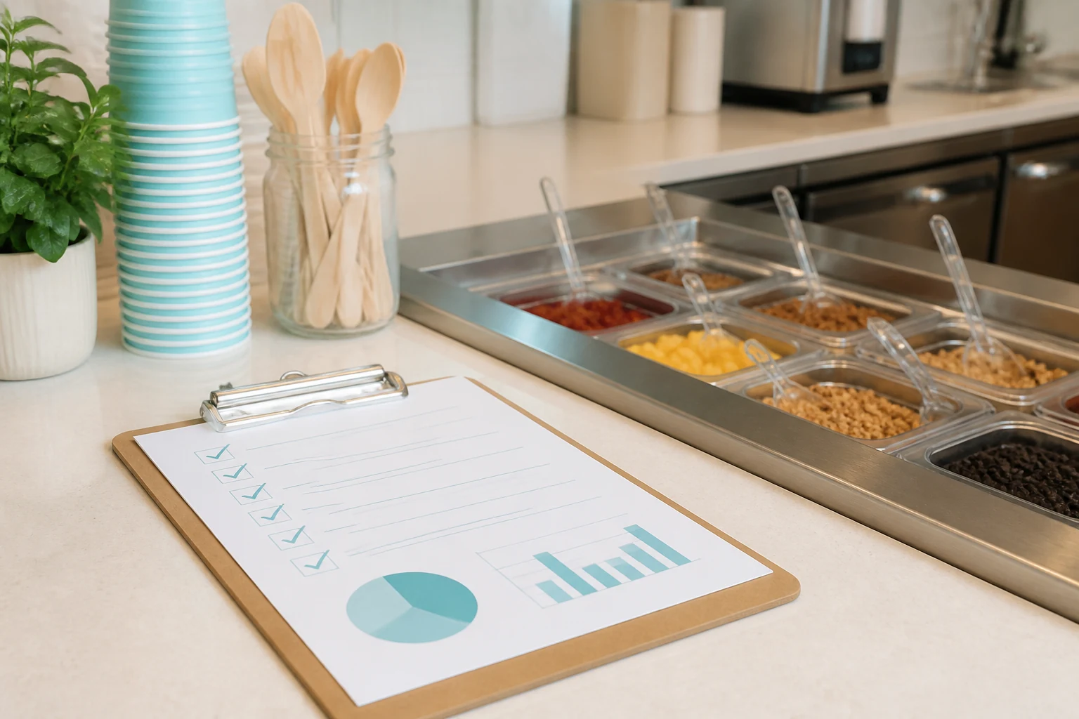 Frozen dessert operations checklist beside serving supplies