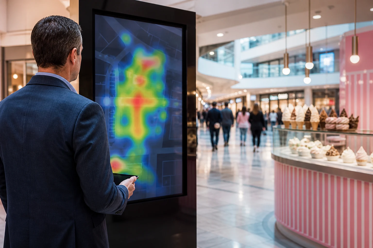 Mall operator reviewing customer footfall for vending location planning