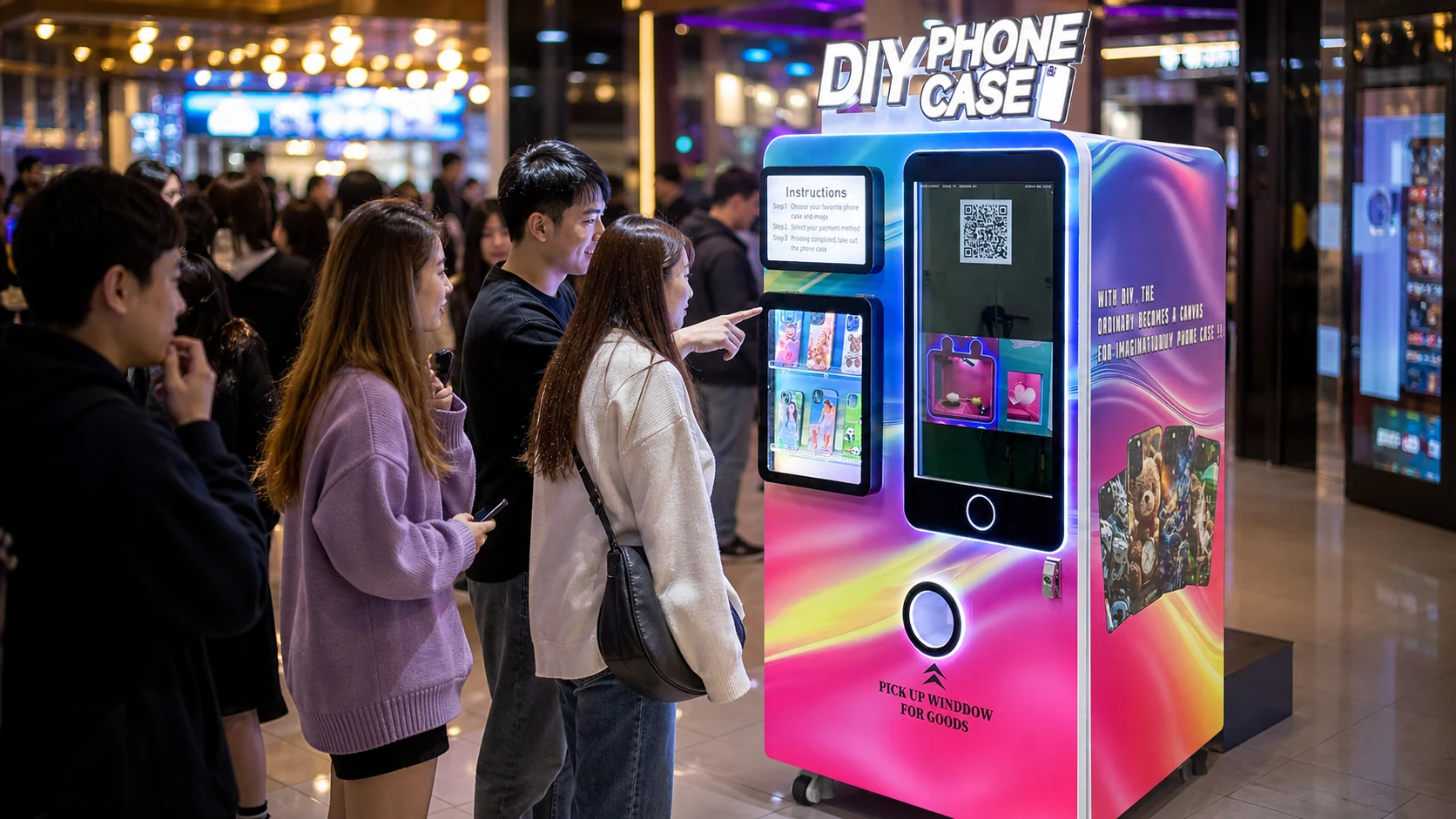 Phone case printing vending machine attracting interested shoppers
