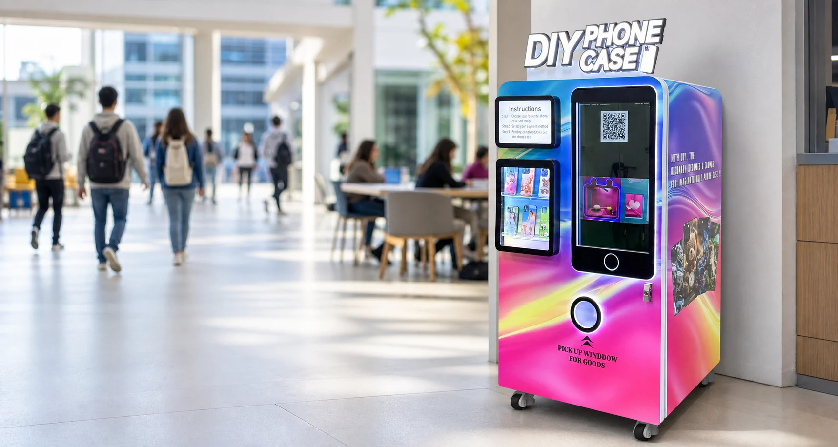Phone case printing vending machine in a campus retail zone